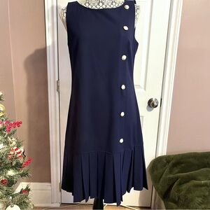 Karl Lagerfeld Navy Midi Shift Dress with Button Accents and Pleats